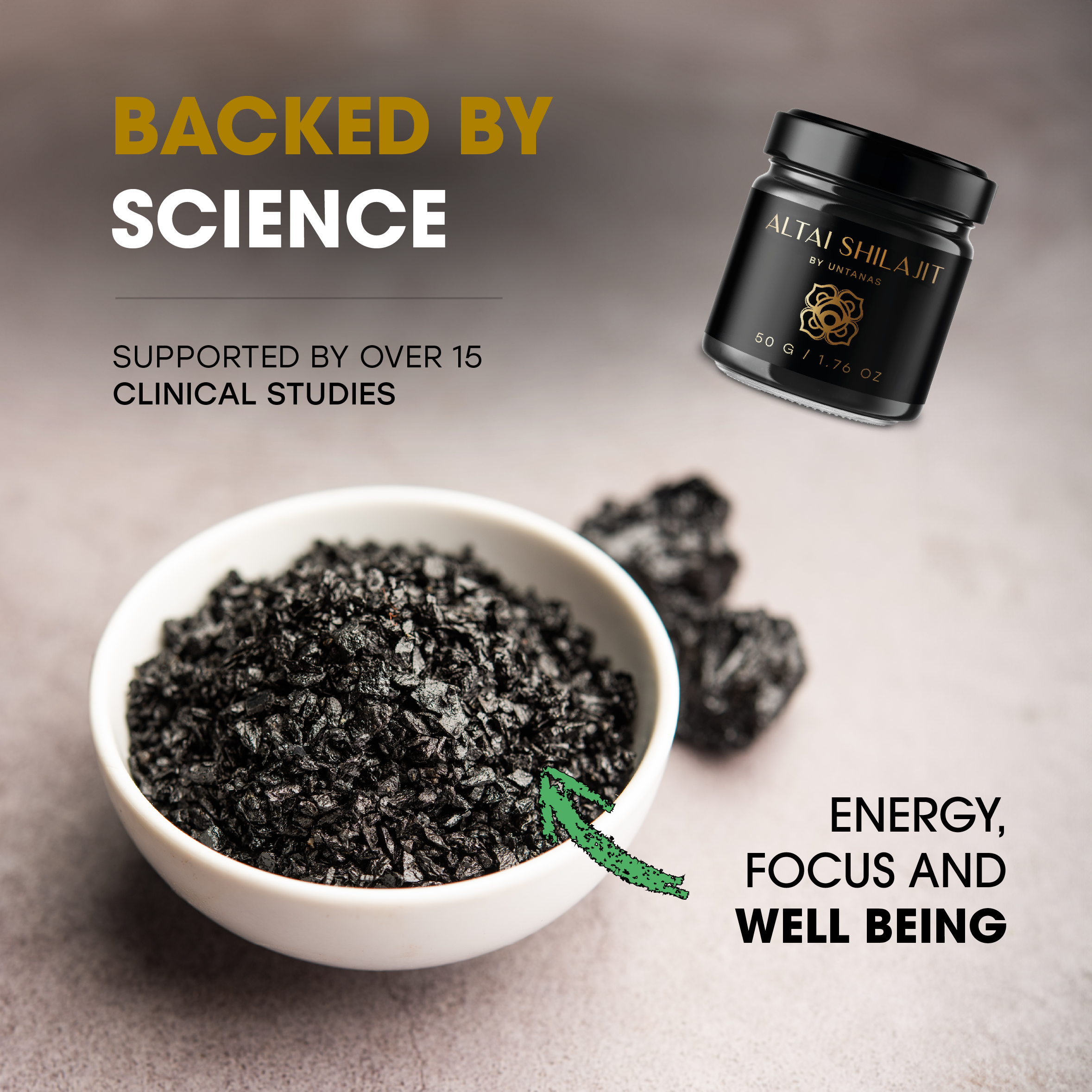 An image of high quality shilajit outlining the studies supporting health benefits