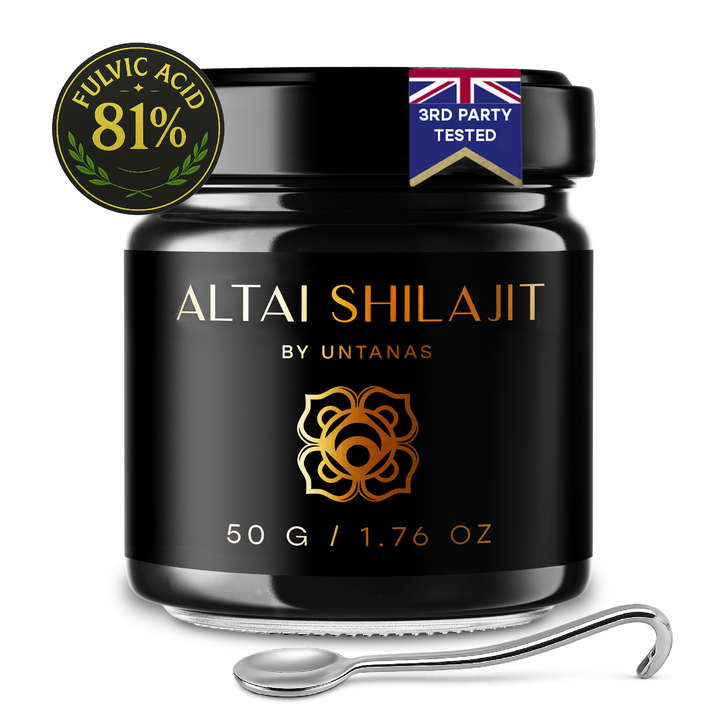 Jar of Altai Shilajit by Untanas with fulvic acid and third-party tested labels on a white background.