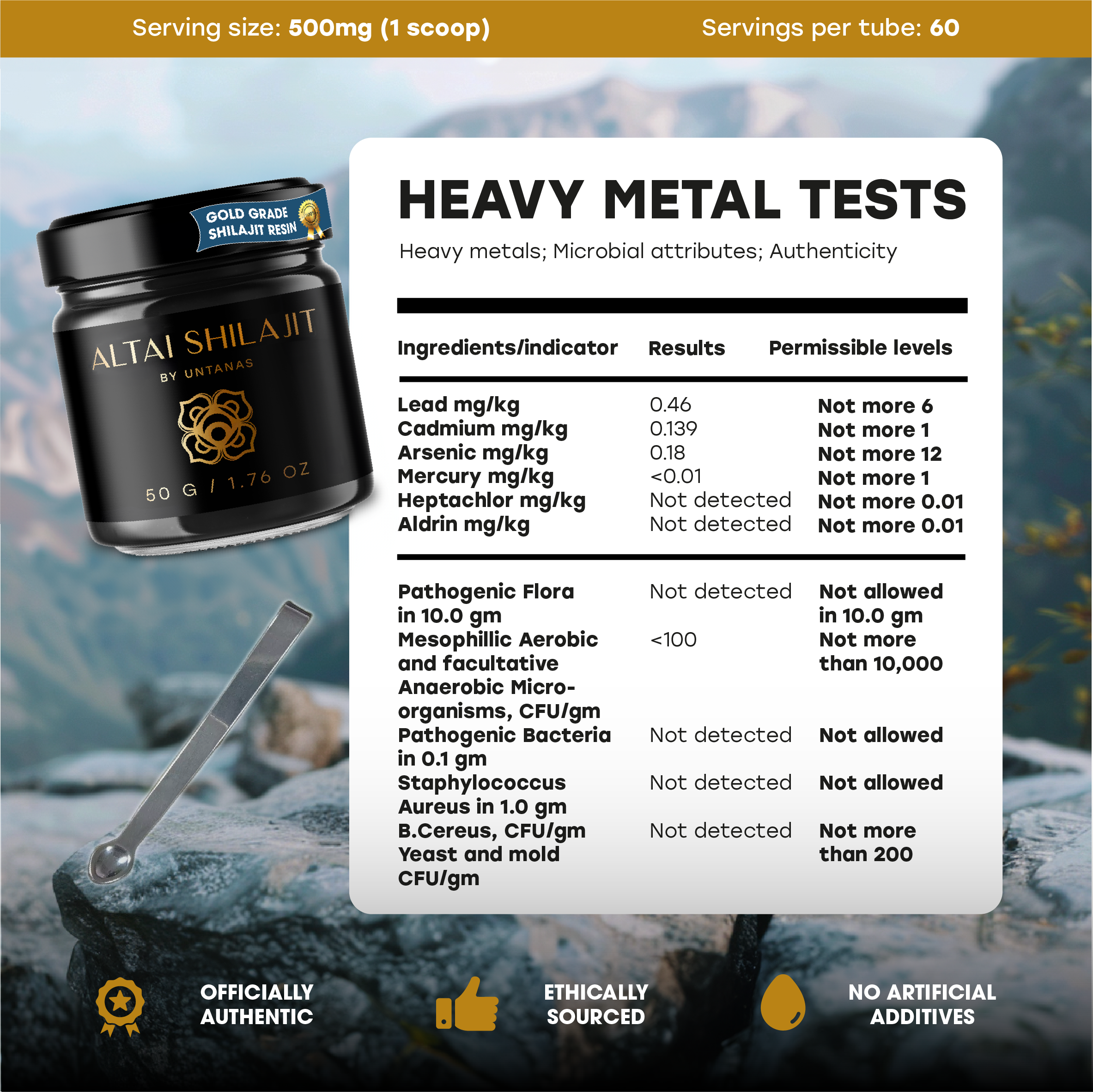A shot showing a jar of altai shilajit among 3rd party heavy metal lab test results
