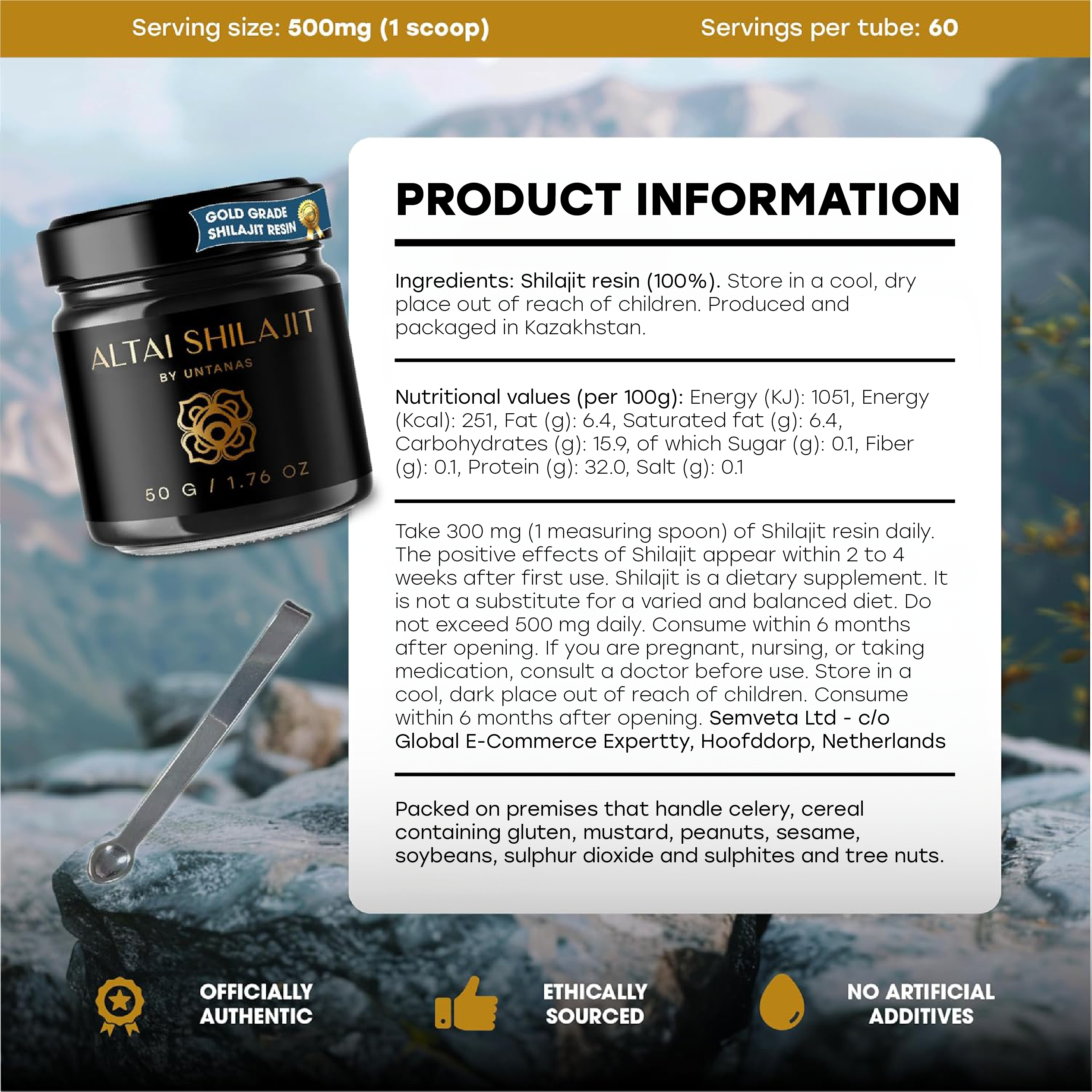 Image of altai shilajit jar in mountains with an overlay of important product information.